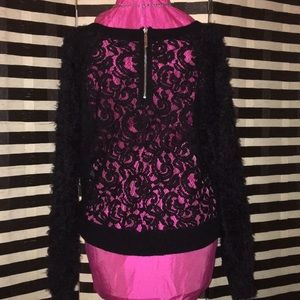 XOXO Black Fuzzy Striped Sweater w/ Lace